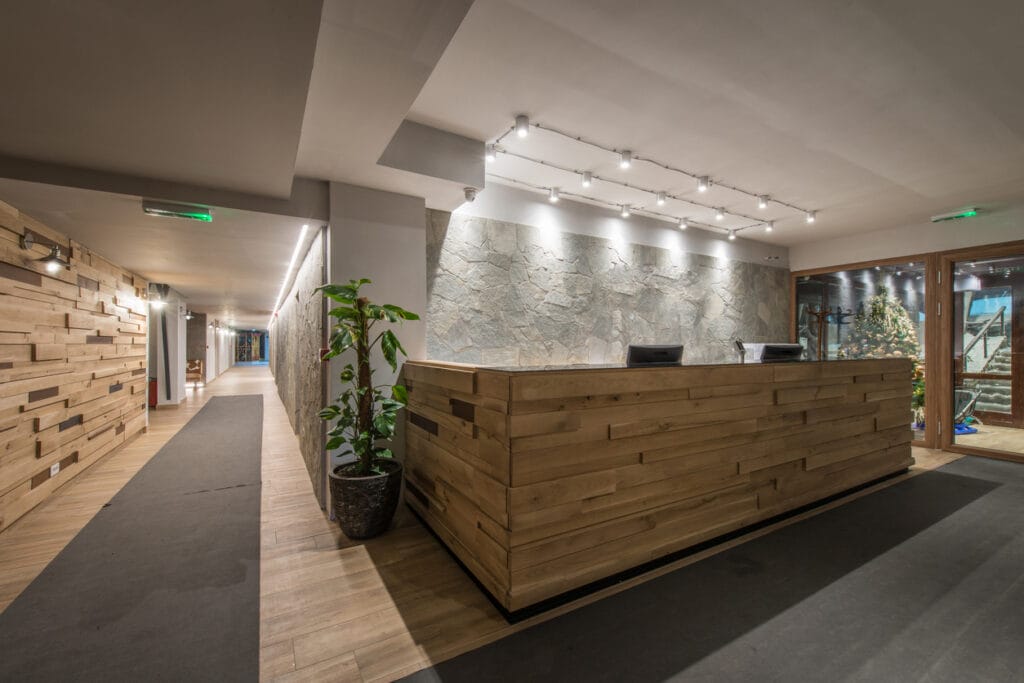 Reception and corridor in a luxury designed hotel.