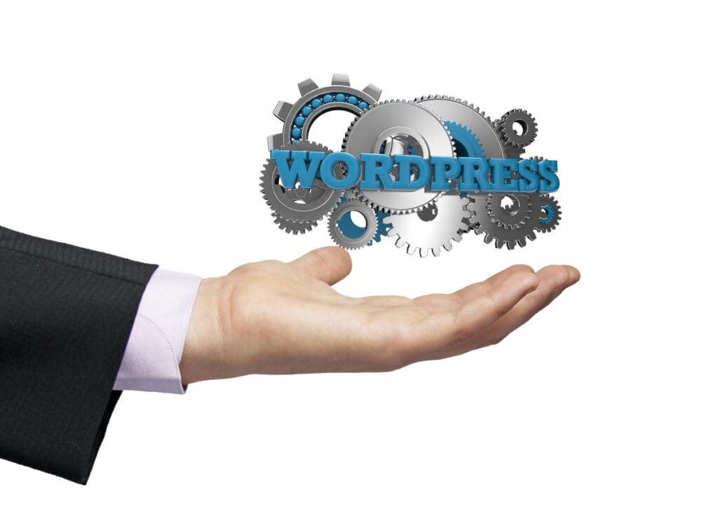 An extended hand presenting the concept of editorial collaboration with gears and WordPress