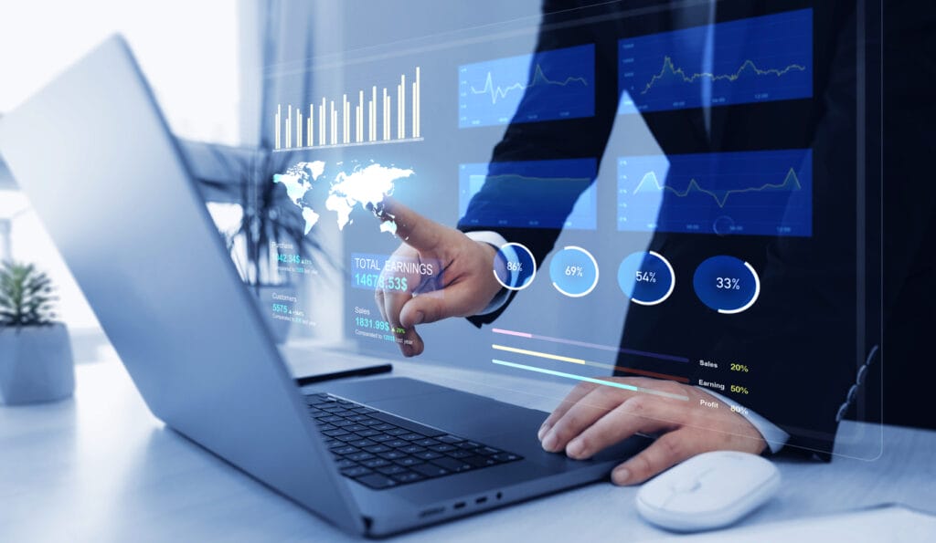 Businessman using SEO dashboard and reviewing KPIs.
