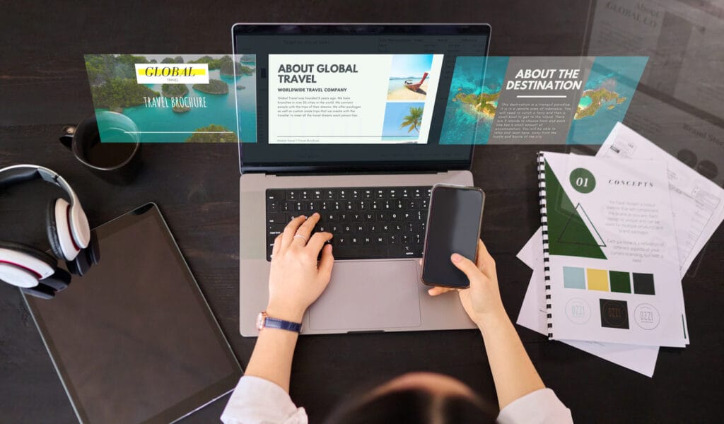Streamlining content workflow: Content writer checking phone and laptop for travel website content with documents, digital tablet, and headphones on the table.