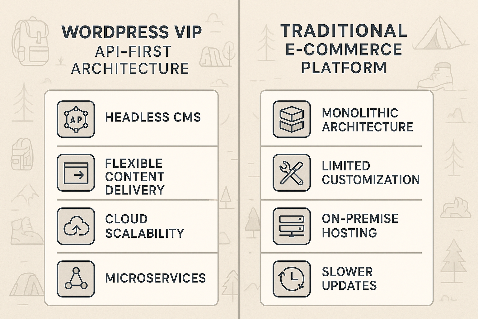 WordPress VIP vs traditional e-commerce platforms technical comparison for outdoor brands