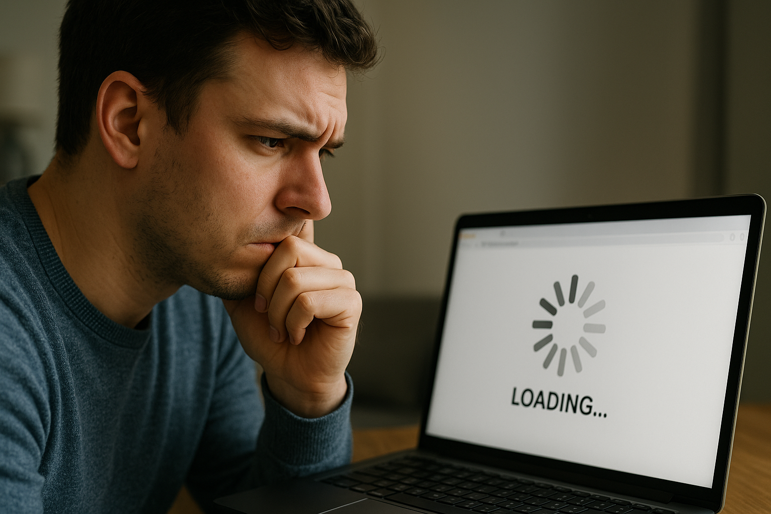 Person watching a laptop screen as a website loads really slowly.